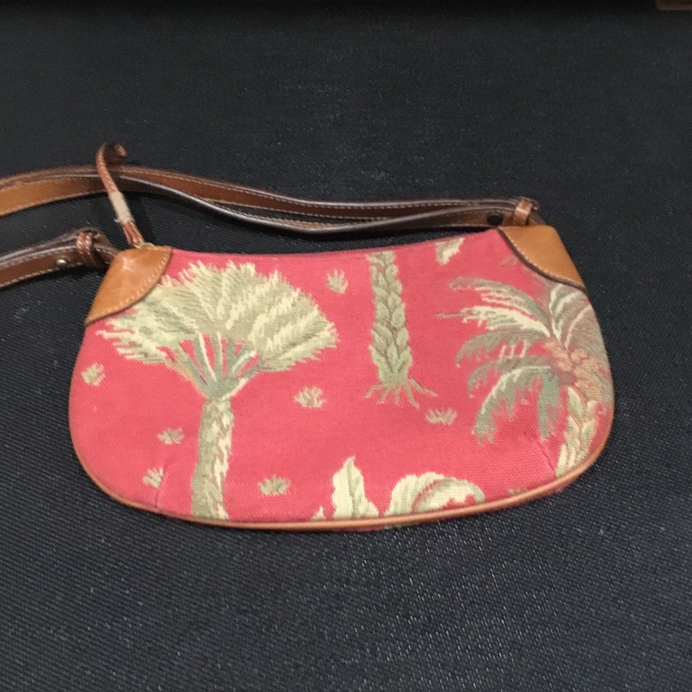 Tommy Bahama Red Canvas Palm-Print Shoulder Bag with Brown Trim